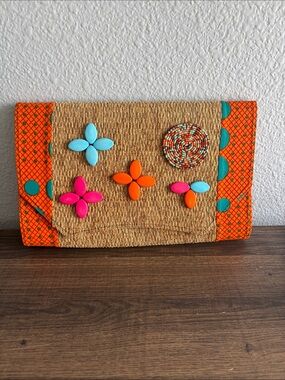 Boho Beaded Straw Clutch with Bright Floral Accents